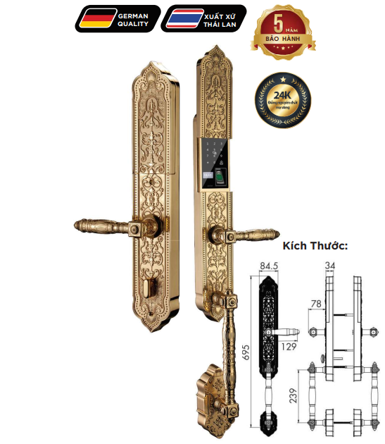 Khoá cửa vân tay tân cổ điển Hubert HB DSI8 EU GOLD 24K