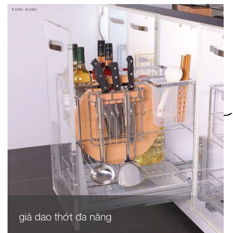 Giá dao thớt nan dẹt inox bóng cao cấp ray giảm chấn Eurogold ES61240