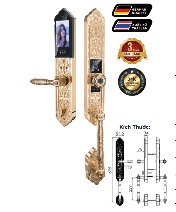 Khóa cửa biệt thự Face ID Hubert HB DS79F Gold