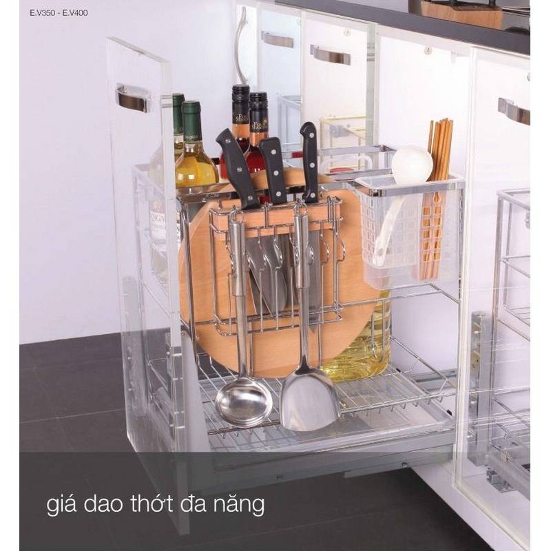 Giá dao thớt nan dẹt inox bóng cao cấp ray giảm chấn Eurogold ES61230